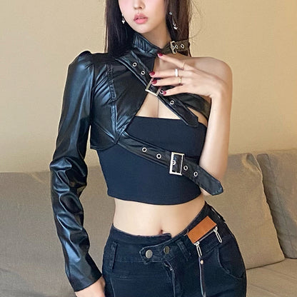 One-Sleeve Buckle Faux Leather Top