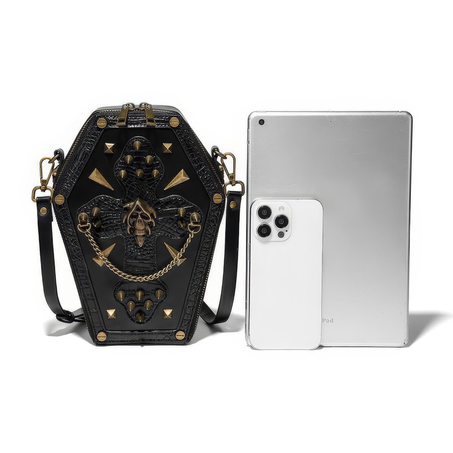 Embroidered Skull Stud Coffin Crossbody Bag
