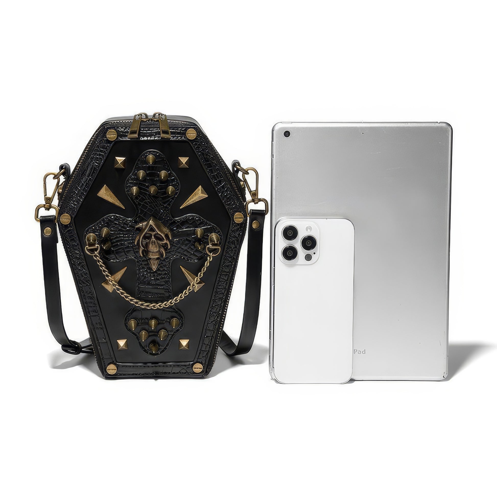 Embroidered Skull Stud Coffin Crossbody Bag