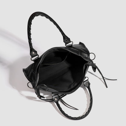 Textured Zip Accent Black Shoulder Bag