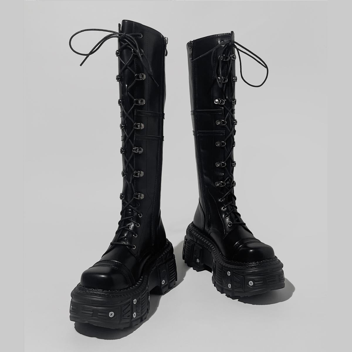 Black Lace-Up Platform Knee-High Boots