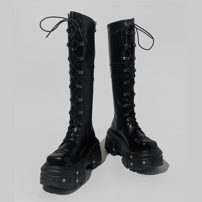 Black Lace-Up Platform Knee-High Boots