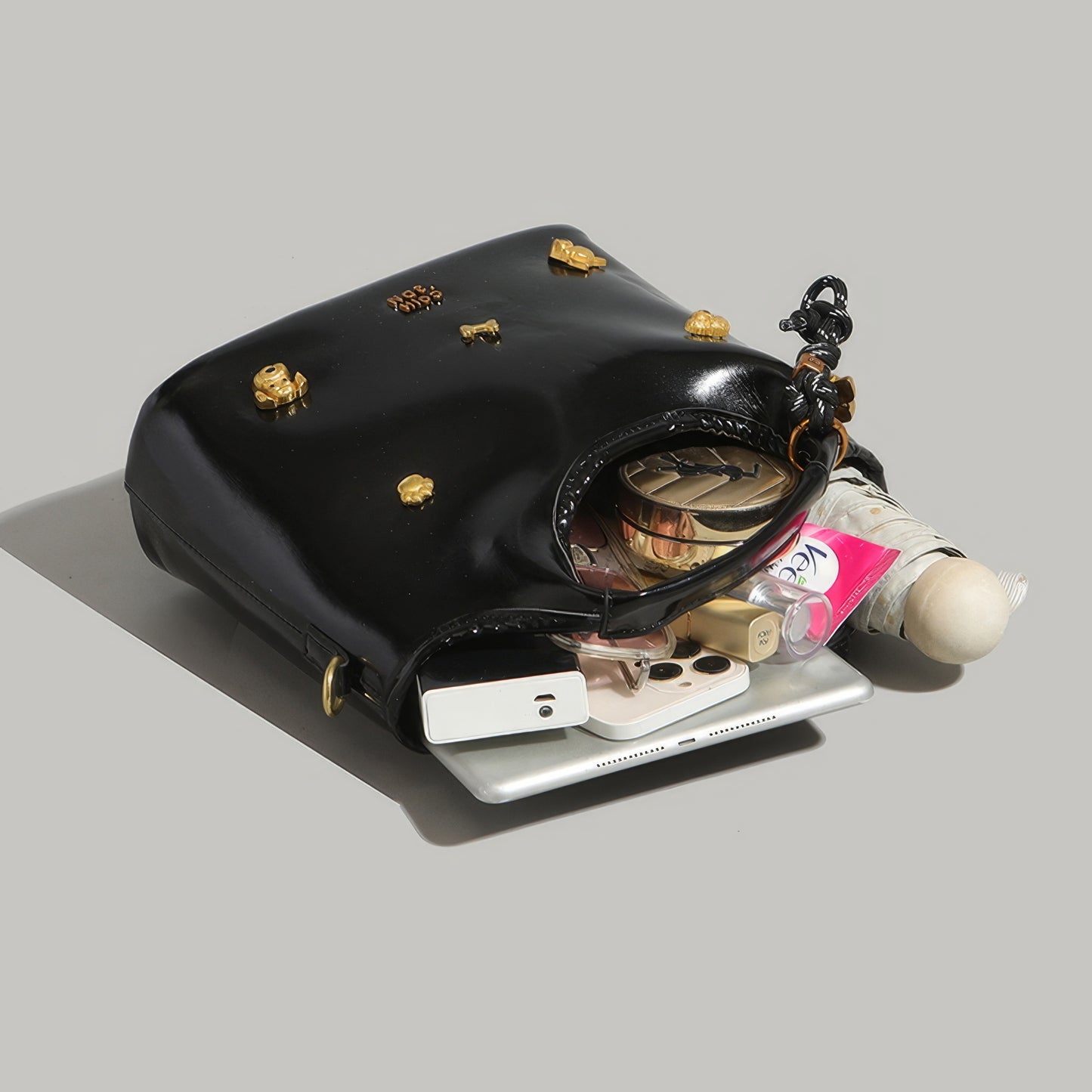 Glossy Round Handle Patent Tote Bag