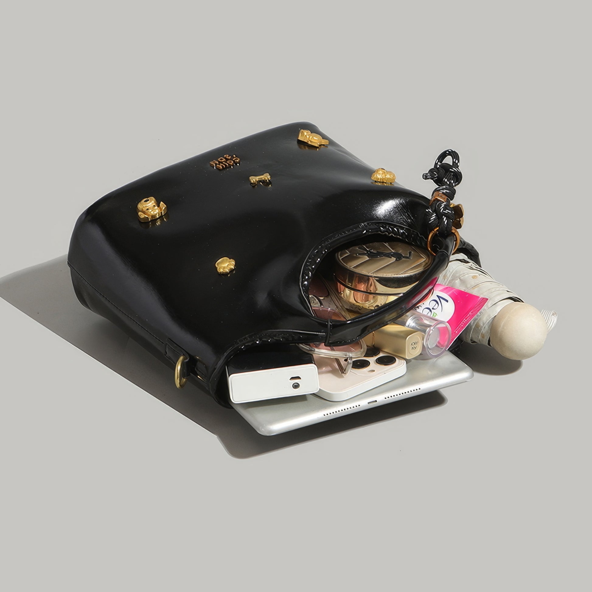 Glossy Round Handle Patent Tote Bag