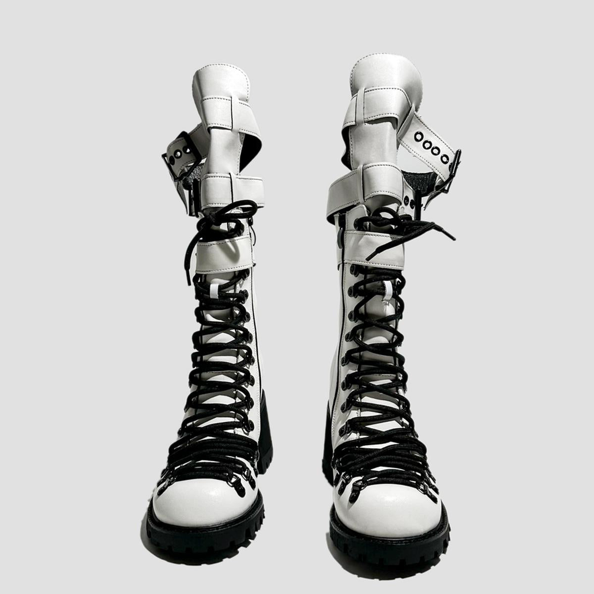 White Multi-Strap Heeled Combat Boots