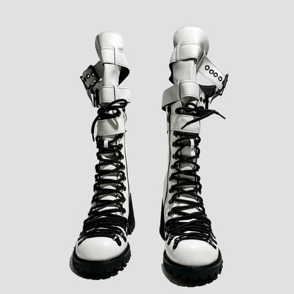 White Multi-Strap Heeled Combat Boots