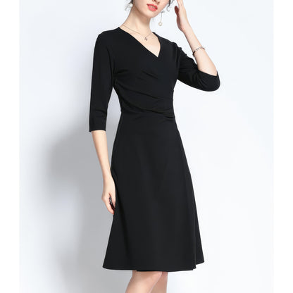Draped Waist V-Neck Black Dress
