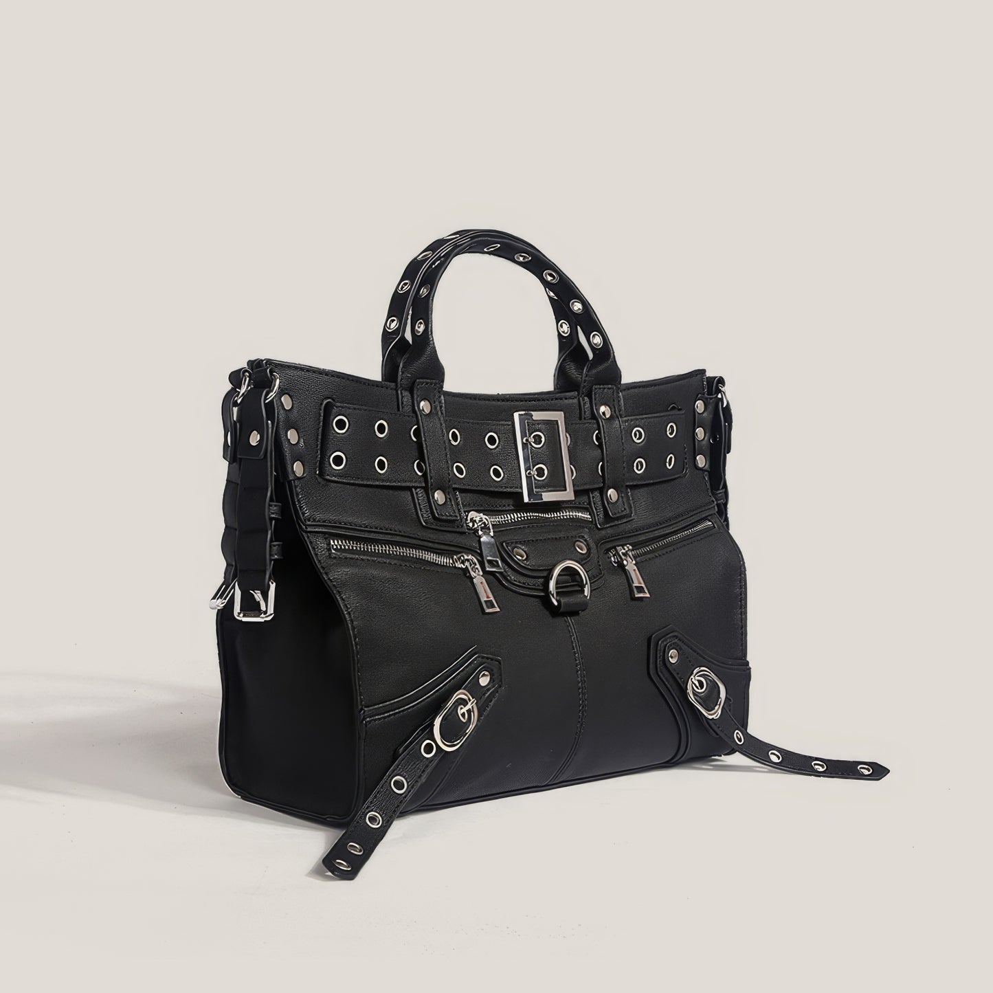 Buckle Strap Grommet Detail Black Tote Bag