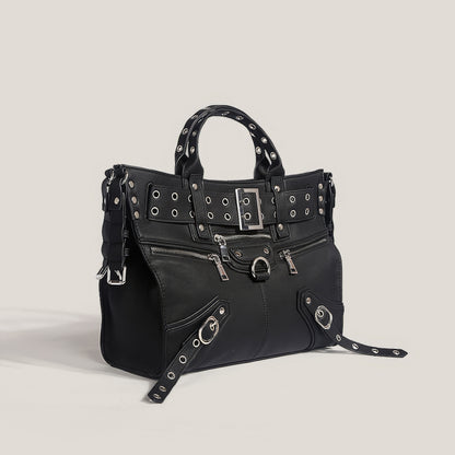 Buckle Strap Grommet Detail Black Tote Bag