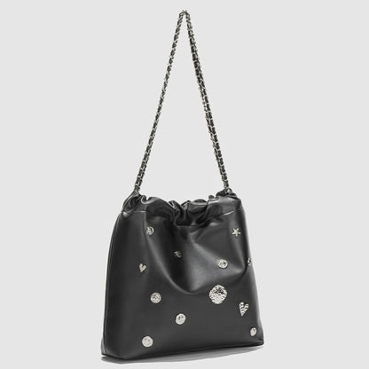 Metallic Studded Drawstring Shoulder Bag