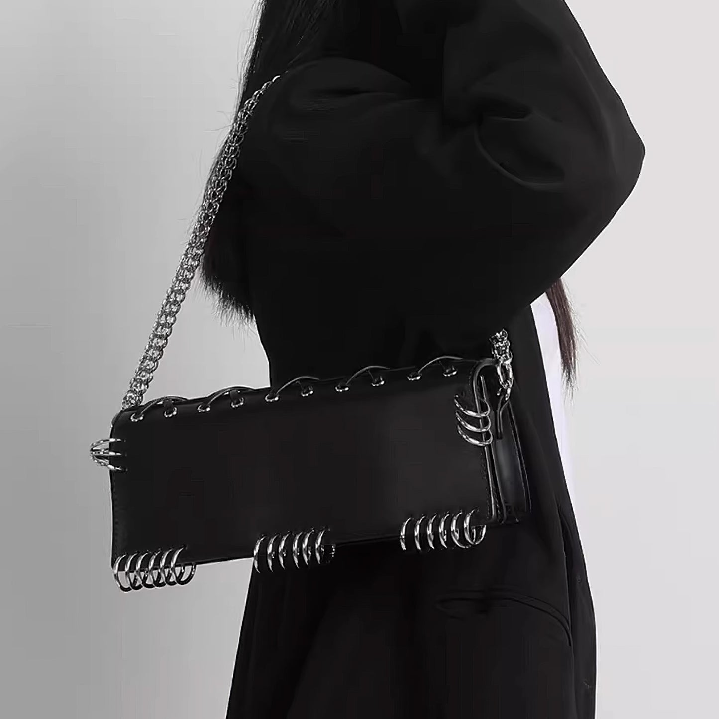 Metal Ring Lace-Up Faux Leather Bag