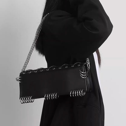 Metal Ring Lace-Up Faux Leather Bag