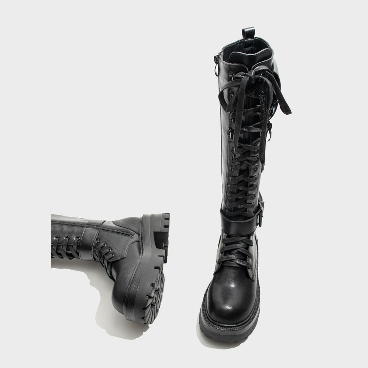 Black Spike Strap Lace-Up Knee-High Boots