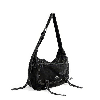 Washed Black Stitch Detail Shoulder Bag