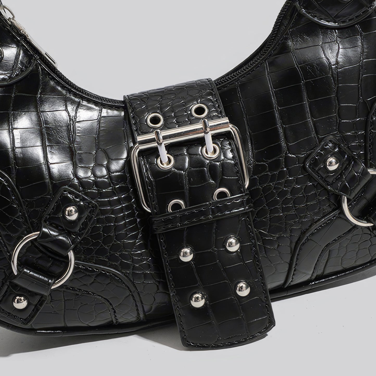 Croc-Effect Buckle Strap Shoulder Bag