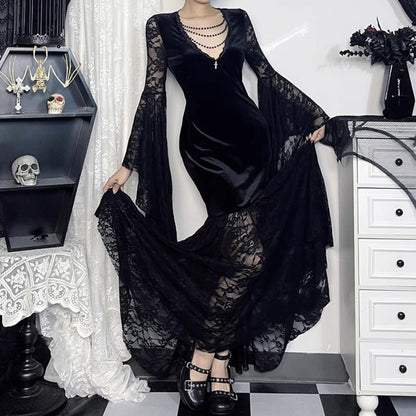 Velvet Lace Bell Sleeve Maxi Dress