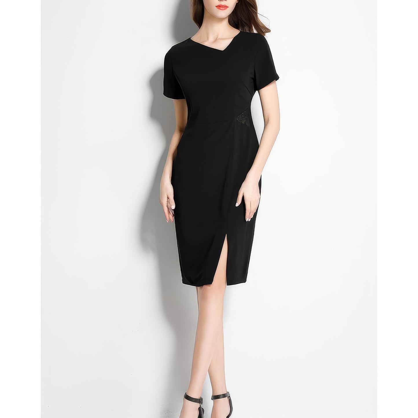 Asymmetrical Neckline Black Pencil Dress