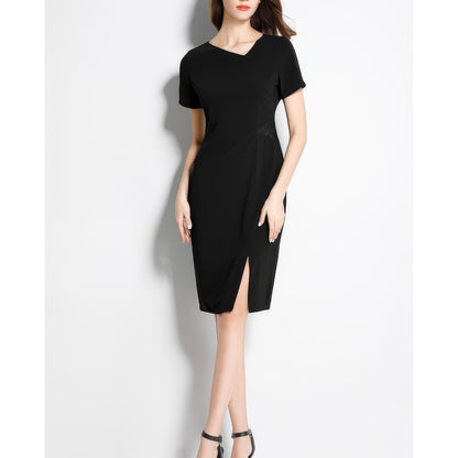 Asymmetrical Neckline Black Pencil Dress