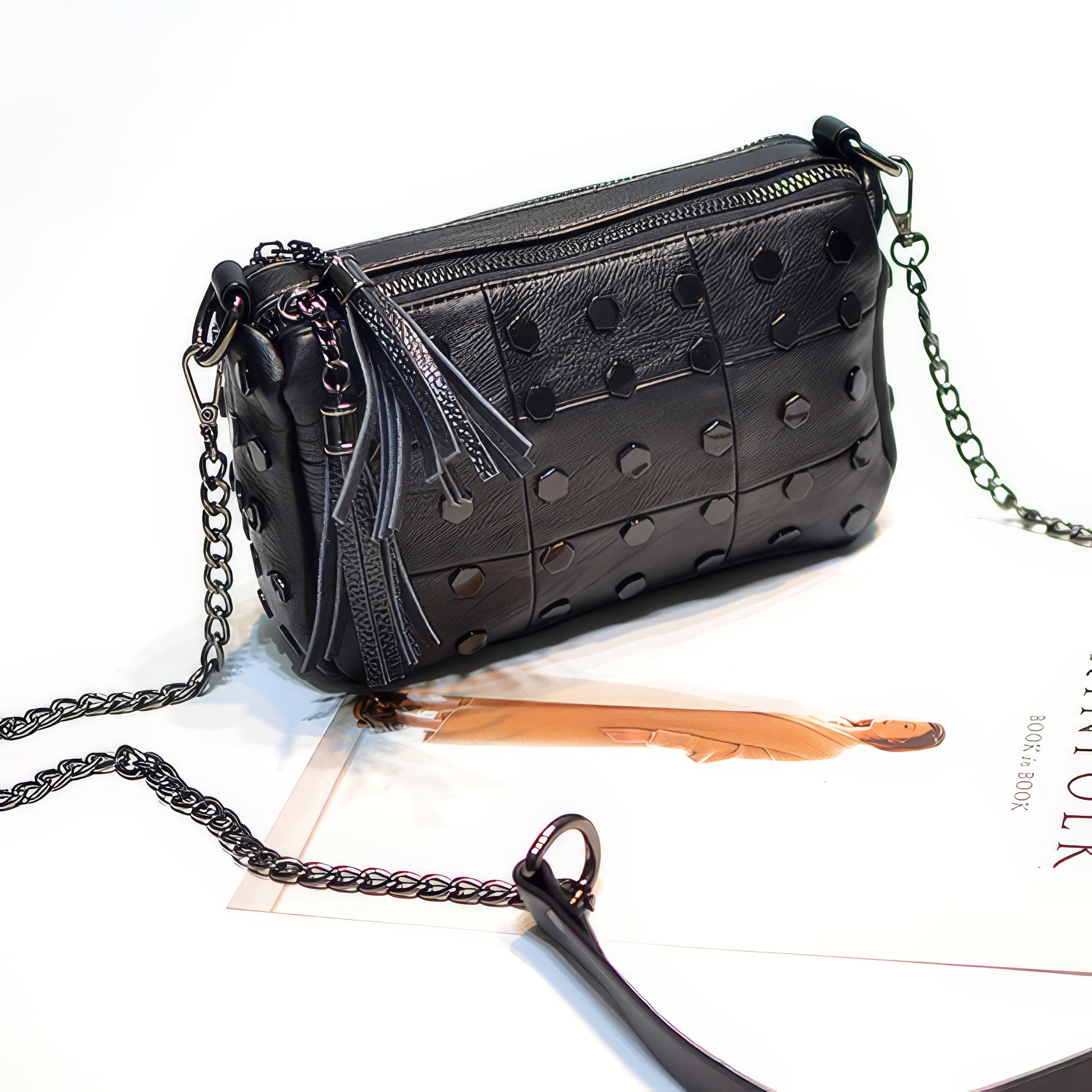 Hex Stud Tassel Chain Crossbody Bag