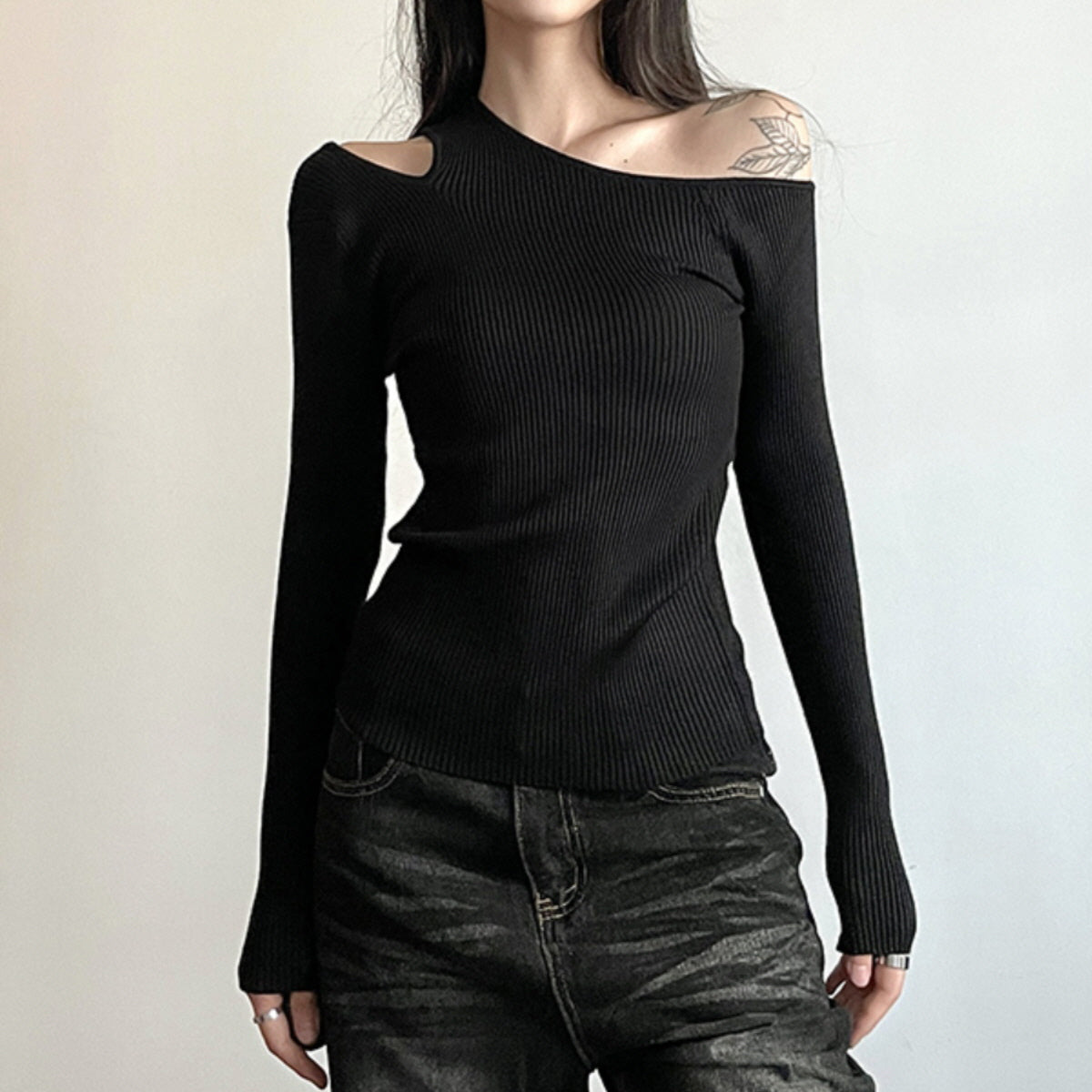 Asymmetrical Cut-Out Ribbed Top