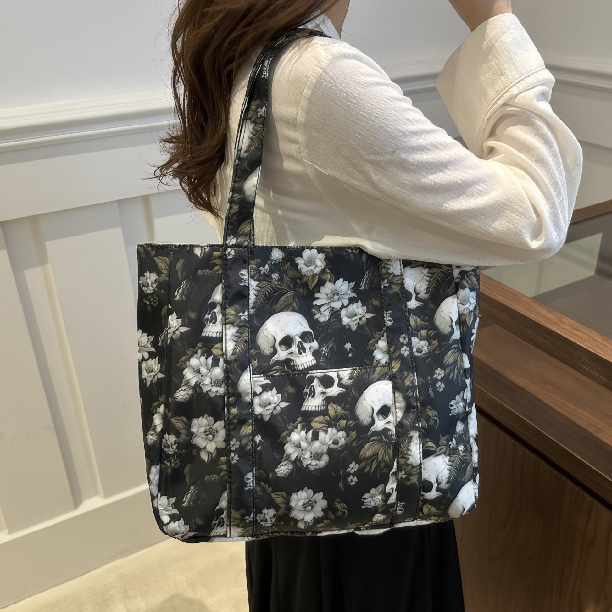 Floral Skull Print Canvas Tote