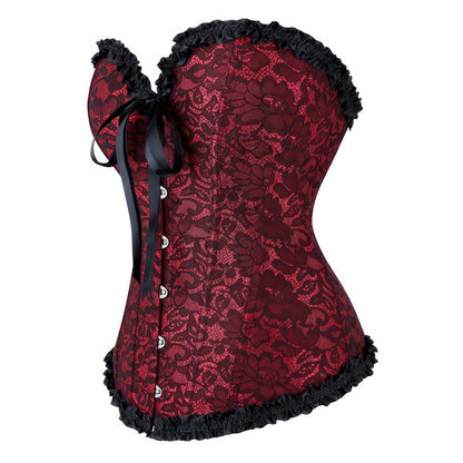 Ruffled Lace Trim Red Corset