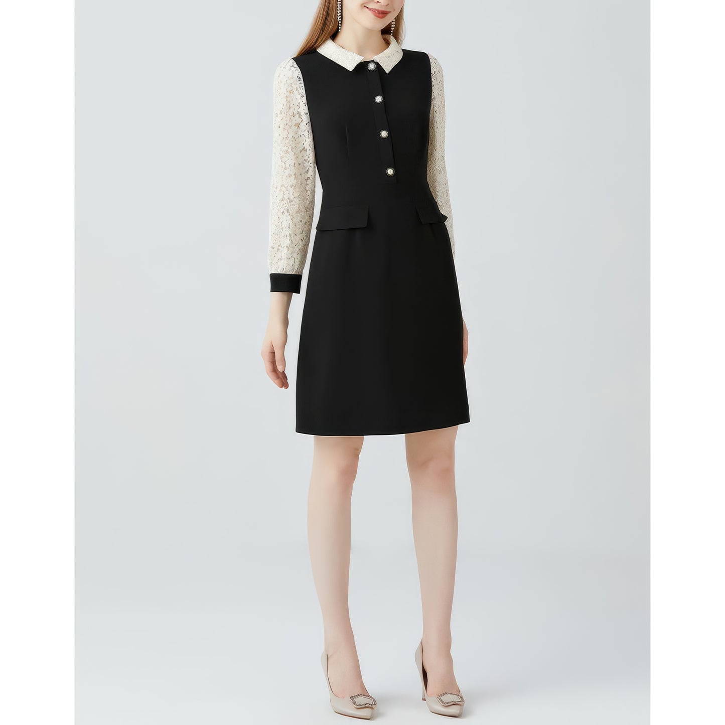 Lace Sleeve Buttoned Black Dress
