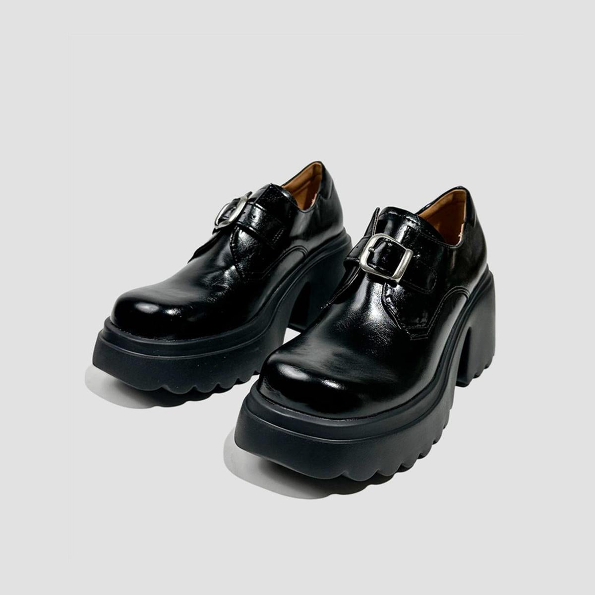 Black Buckle Chunky Heel Loafers