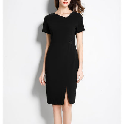 Asymmetrical Neckline Black Pencil Dress