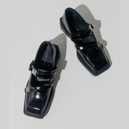 Black Square-Toe Buckle Loafers