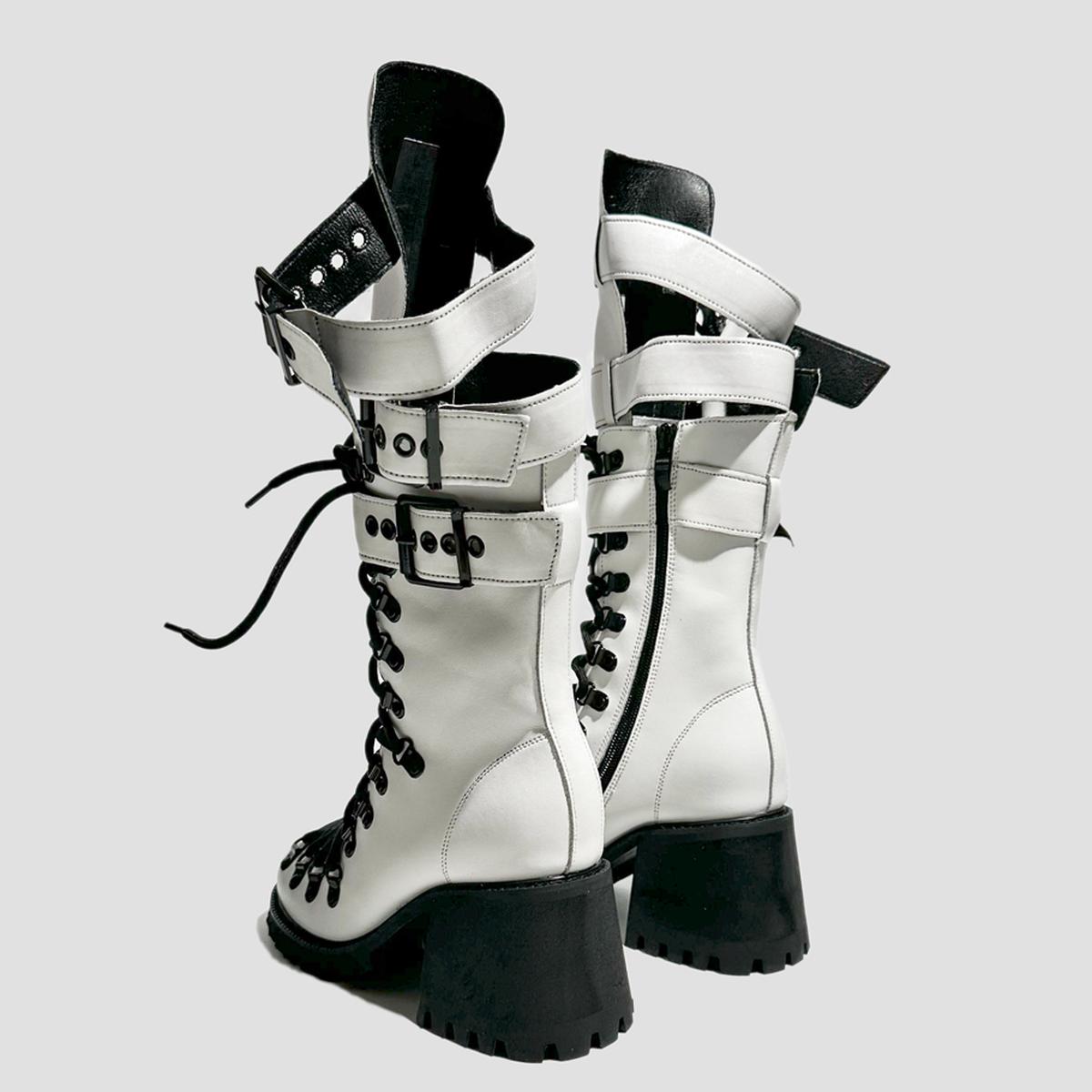 White Multi-Strap Heeled Combat Boots
