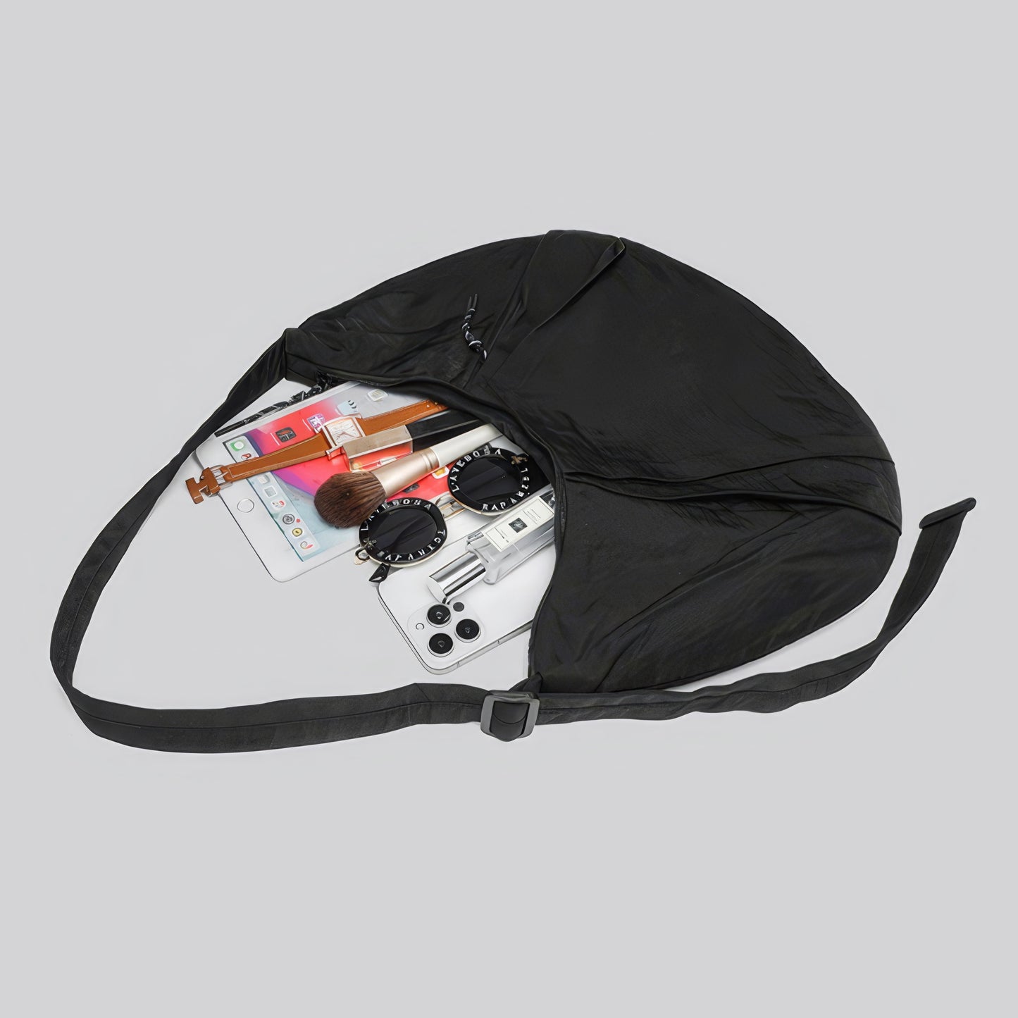 Draped Nylon Crescent Shoulder Bag