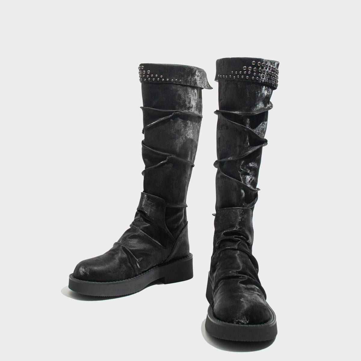Black Velvet Studded Knee-High Boots