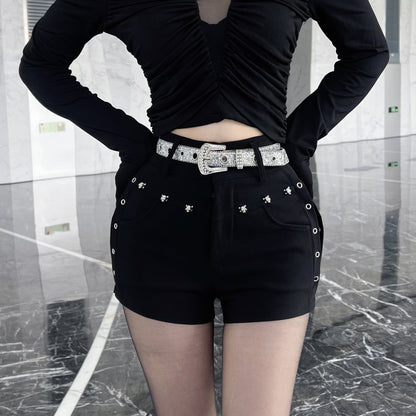 Rhinestone Grommet Belted Black Shorts