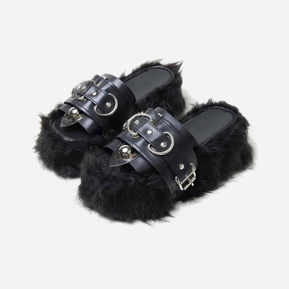 Black Furry Buckle Platform Slides