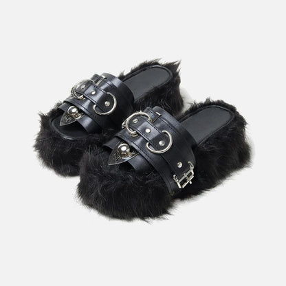 Black Furry Buckle Platform Slides