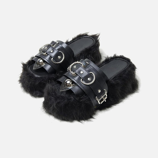 Black Furry Buckle Platform Slides