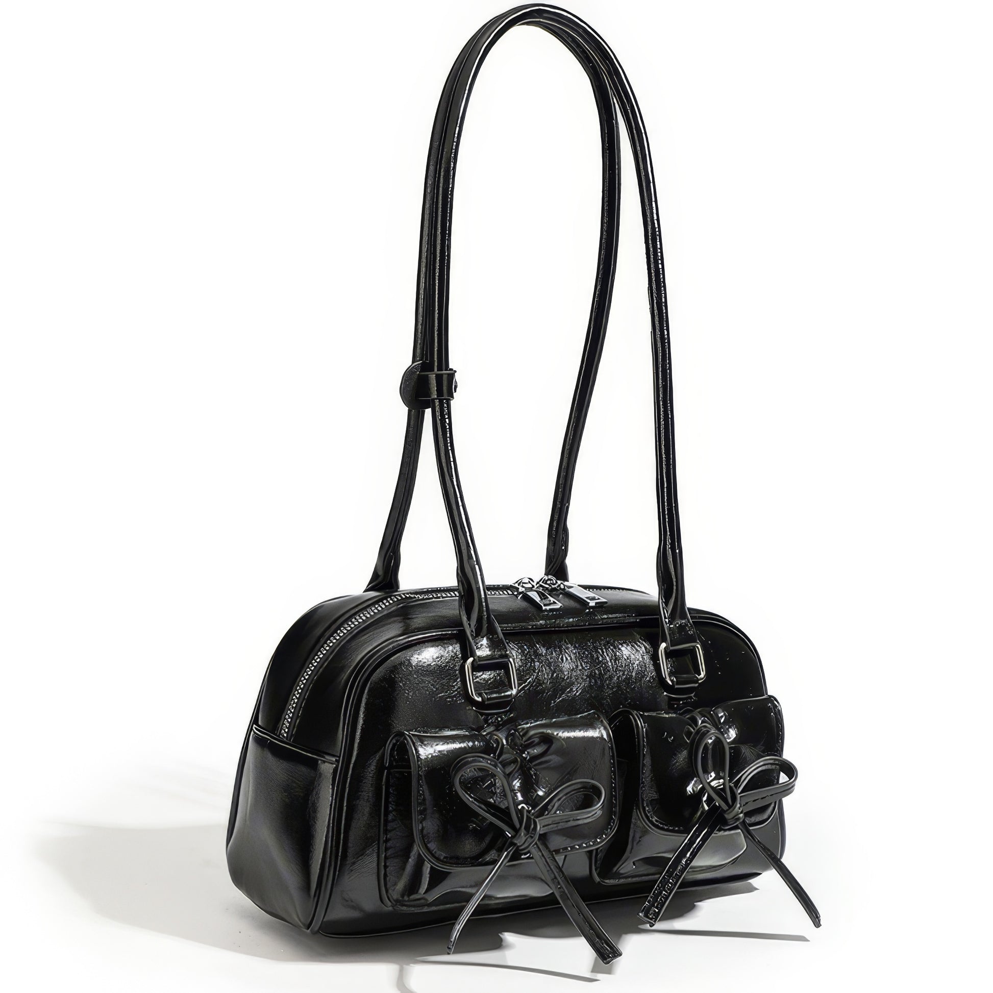 Glossy Bow Pocket Double Strap Shoulder Bag