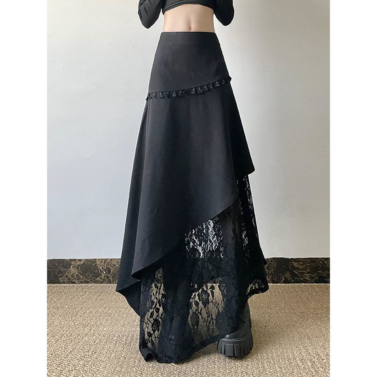 Asymmetrical Ruffle Layered Lace Skirt