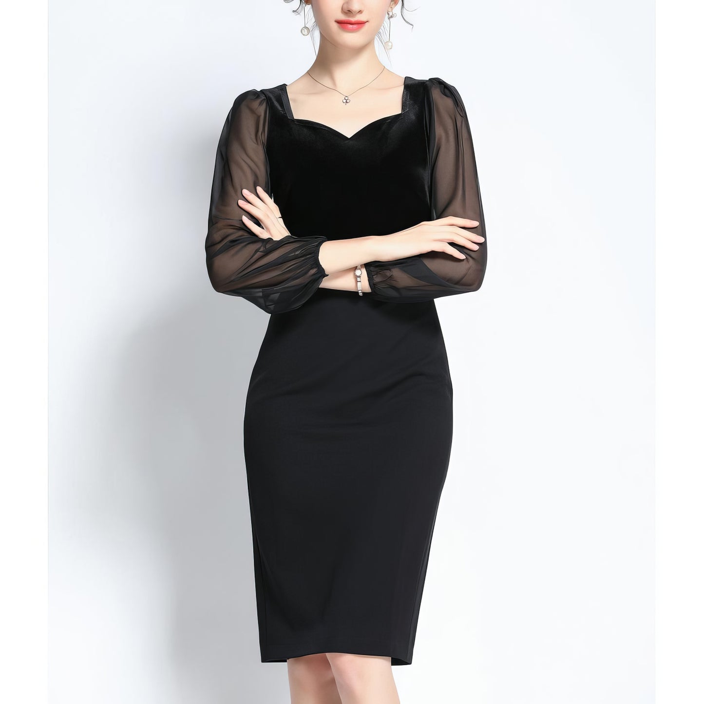 Velvet Sheer Sleeve Sweetheart Pencil Dress