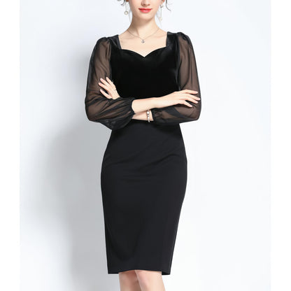 Velvet Sheer Sleeve Sweetheart Pencil Dress