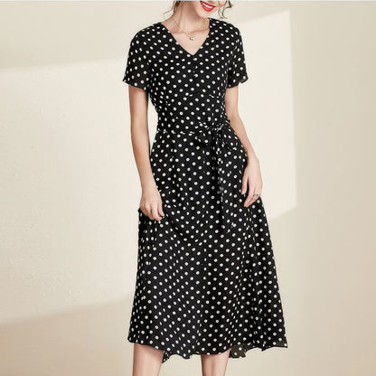 Polka Dot V-Neck Tie Waist Midi Dress