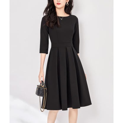 Pleated Waist Black Flare Dress