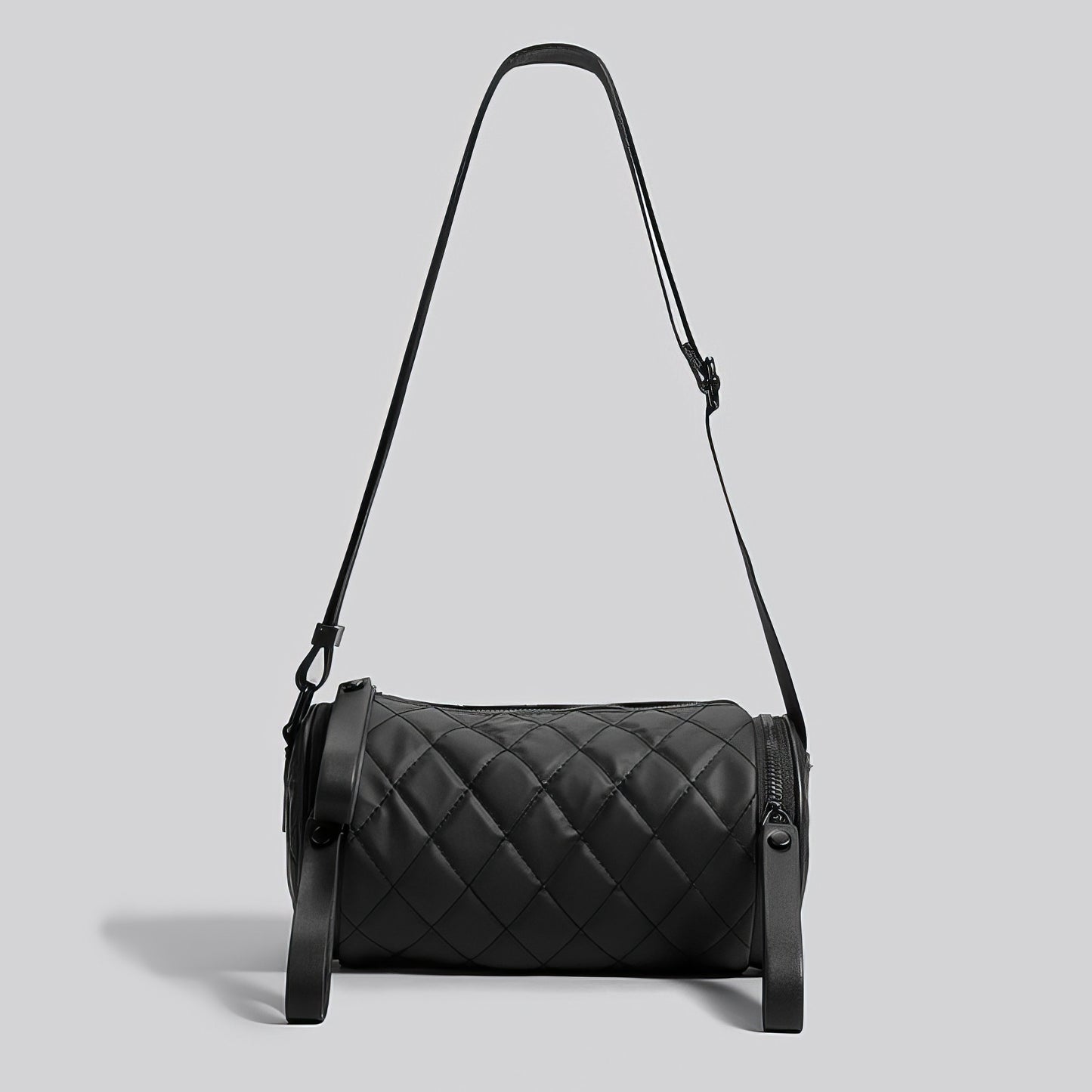Quilted Barrel-Shaped Black Crossbody Bag
