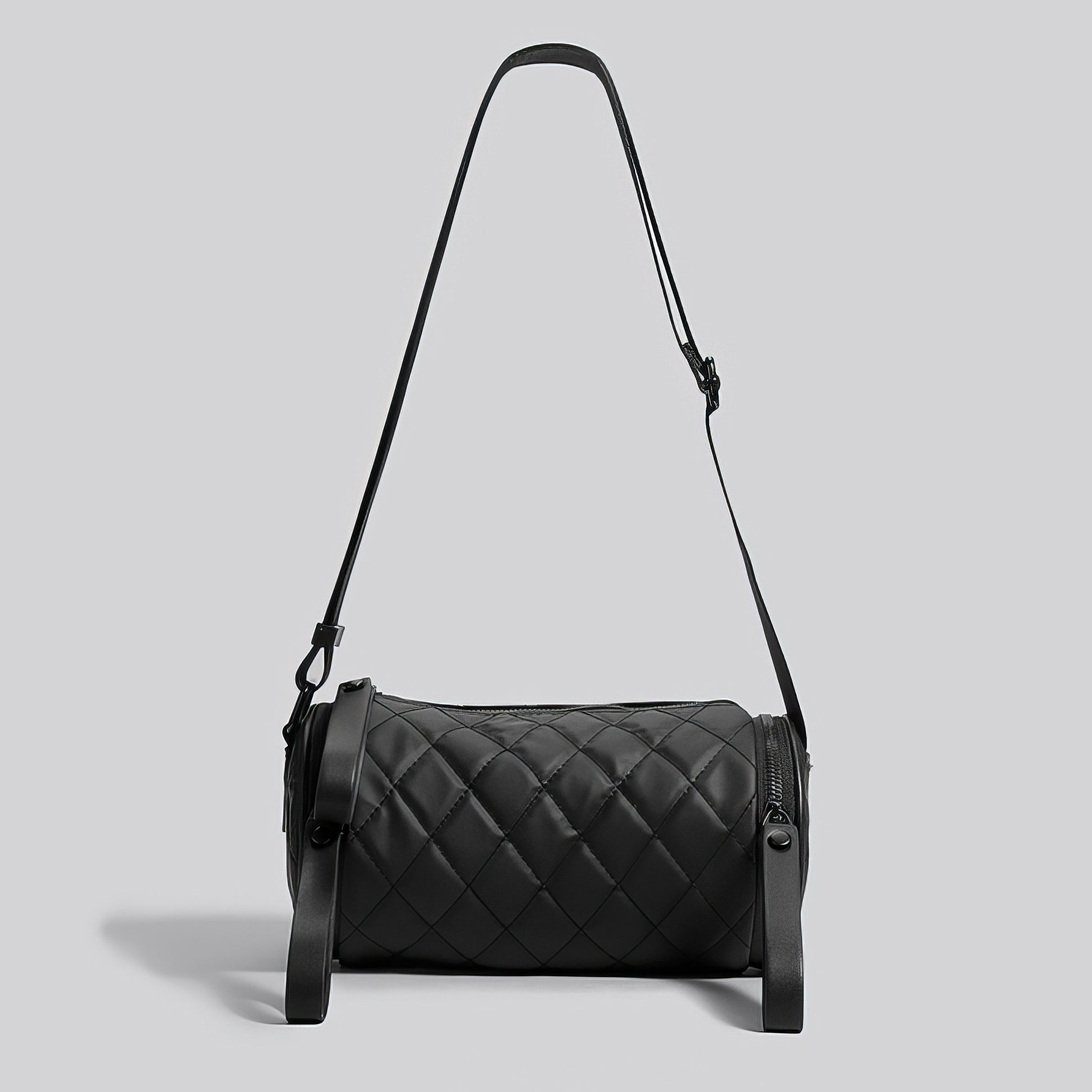 Quilted Barrel-Shaped Black Crossbody Bag