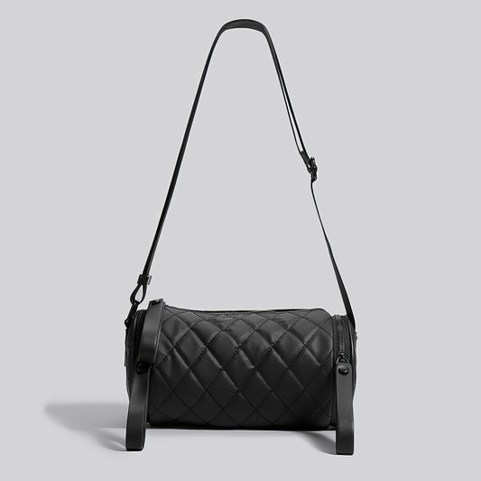 Quilted Barrel-Shaped Black Crossbody Bag