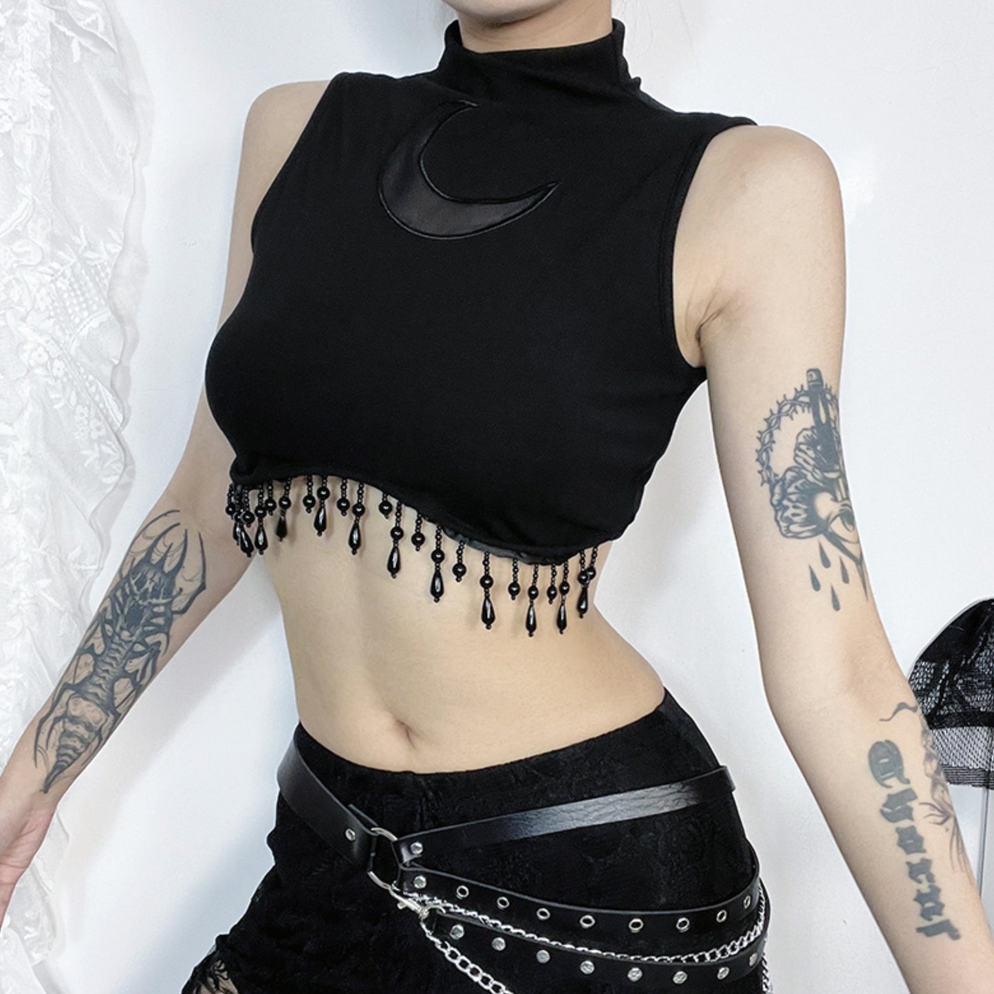 Moon Embroidered Beaded Crop Top