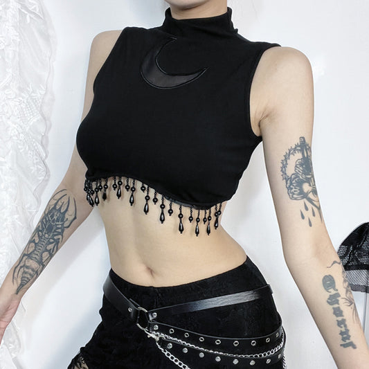 Moon Embroidered Beaded Crop Top