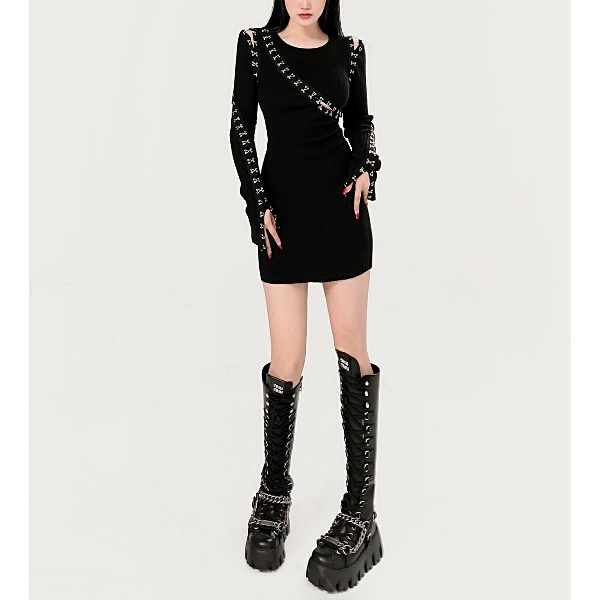 Hook Detail Cut-Out Ribbed Mini Dress