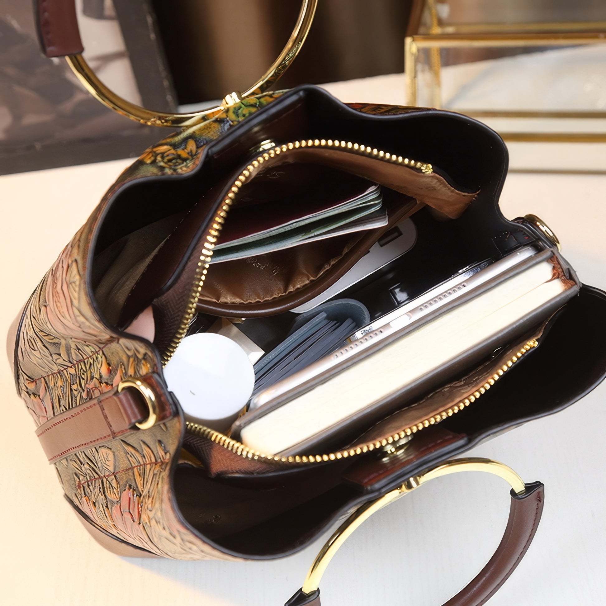 Structured Embossed Rose Top Handle Bag